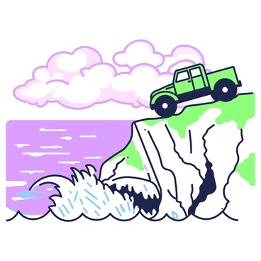 A truck is positioned precariously at the edge of a seaside cliff. The truck appears to be teetering on the brink, with its tires partially hanging off the edge. Below, large waves crash violently against the rocky coastline, sending up sprays of water. The cliffside is rugged and textured, with patches of grass and shrubs visible. In the background, the vast ocean stretches out, meeting a cloudy sky that hints at an impending storm.