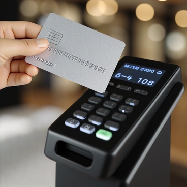 A close-up view of a credit card with a glossy surface featuring a silver chip, numerical details, and a holographic logo. The card is being swiped through a sleek, modern payment terminal with a digital screen displaying a transaction confirmation. The terminal has a black exterior with illuminated buttons and a card reader slot, set against a blurred background of a retail environment.