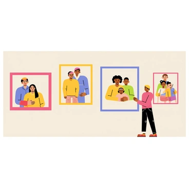 A gallery wall featuring a collection of family portraits framed in various styles. The portraits include families of different ethnic backgrounds, showcasing a diverse representation of cultures. Each portrait has distinct clothing styles that reflect traditional attire, with some wearing colorful garments and others in more modern outfits. The background of the gallery wall is a light beige, enhancing the vibrant colors of the portraits. The arrangement of the frames is asymmetrical, creating a dynamic visual interest.