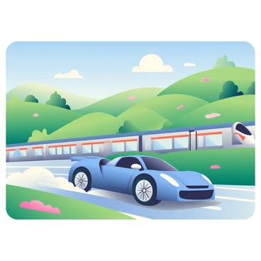 A sleek express car racing a high-speed train through the countryside