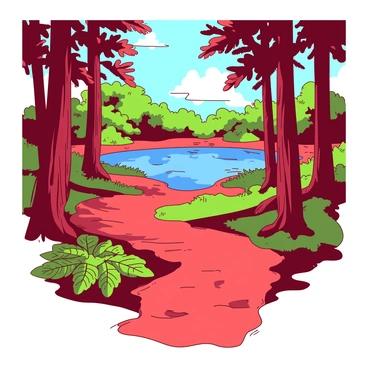 A red forest path made of winding dirt trails leads through tall trees. On either side, there is dense foliage with vibrant green leaves. In the distance, a blue pond can be seen, reflecting the sky above. The water is clear and still, while lush greenery surrounds the pond, including ferns and small bushes. Sunlight filters through the canopy, creating dappled patterns on the path, enhancing the overall natural scene.