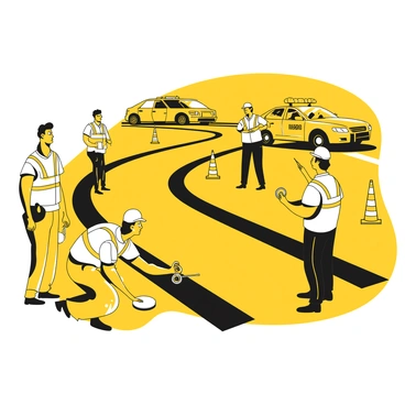 A group of investigators is gathered on a highway, closely examining long, dark skid marks on the asphalt. They are wearing reflective vests and using various tools, such as measuring wheels and notepads, to document their findings. One investigator is kneeling beside the skid marks, pointing with a pen to a specific area, while another stands nearby, observing and taking notes. In the background, a few traffic cones are positioned to redirect vehicles away from the scene, and a police car with its lights flashing is visible, adding to the investigative atmosphere.