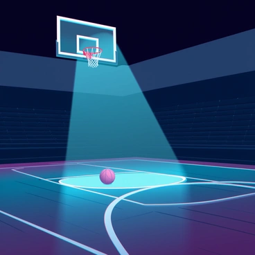 A dimly lit basketball court is shown, illuminated by a single bright spotlight focused on the hoop. The wooden floor is polished and reflects the light, creating a stark contrast with the surrounding shadows. The walls are lined with dark bleachers, adding to the atmosphere of isolation. The hoop is surrounded by a faint mist, enhancing the dramatic effect of the spotlight. A basketball rests on the court, slightly off to the side, hinting at recent play. The space is devoid of people, evoking a sense of quiet anticipation.