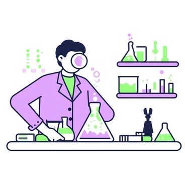 A scientist in a lab coat examining a chemical reaction through a loupe