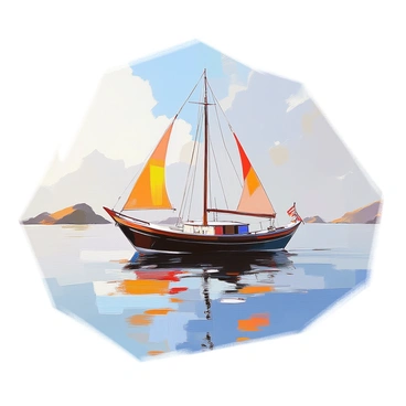 An engraved depiction featuring a small fishing vessel gently floating on a calm sea. The fishing vessel has a dark wooden hull with white accents and a single mast adorned with colorful sails. The surface of the water is smooth, reflecting the light of the sun, with minimal ripples. In the background, a few distant islands are visible, while the sky above is clear with a few wispy clouds. The engraving captures the intricate details of the boat and the serene atmosphere of the seascape.