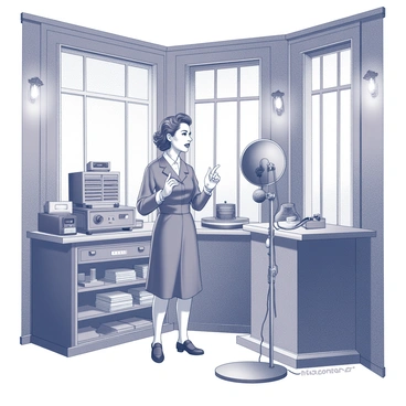 A vintage radio broadcasting studio filled with retro equipment. The studio has wooden walls and large glass windows, allowing a view of the outside. In the center, a host is standing, speaking into a classic microphone that is attached to a sturdy stand. The host is wearing a stylish outfit reminiscent of the 1940s, with neatly combed hair and expressive gestures. Various old-fashioned sound recording devices and a turntable are visible in the background, alongside a shelf filled with vinyl records. Lights are softly illuminating the space, creating an atmosphere of nostalgia.