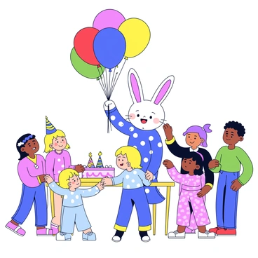 A cheerful bunny mascot with long ears and a bright smile stands in a colorful setting. The bunny is wearing a festive outfit adorned with polka dots. In its hands, the bunny is holding a bunch of vibrant balloons in various colors, including red, blue, yellow, and green. Children are gathered around the bunny, their faces filled with joy as they reach out for balloons. The background features a table decorated with a cake and party hats.