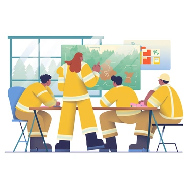 A group of five volunteer firefighters is gathered around a large, wooden table in a well-lit room. They are wearing bright yellow firefighting jackets with reflective stripes. The firefighters have various skin tones, and their hair colors range from black to blonde. One firefighter, a woman with brown hair pulled back into a ponytail, is standing at the head of the table, pointing at a large map of a forested area covered in green and brown tones. The other firefighters are attentively listening, some leaning forward with interest. There are notepads and pens scattered on the table, and a projector displaying graphs and statistics on the wall behind them. A large window reveals a glimpse of trees outside, hinting at the environment they will soon be working in.