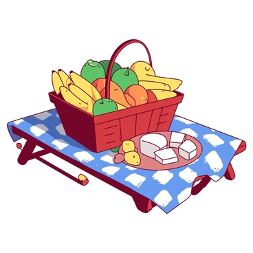 A red fruit basket is overflowing with a variety of fruits, including yellow bananas, green apples, and orange slices, all vibrantly colored and freshly arranged. Beside the fruit basket, there are neatly sliced pieces of white cheese, arranged in a fan shape. The picnic table is made of wood and has a classic checkered tablecloth in blue and white draped over it. Sunlight casts soft shadows on the table, enhancing the colorful display.