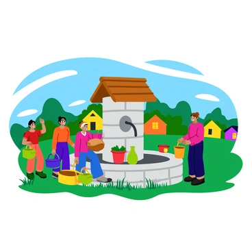 A clean water well with a cylindrical stone structure, featuring a wooden roof and a round opening at the top. The well is surrounded by a diverse group of people, including children and adults, actively fetching water. Some individuals are holding colorful buckets, while others are filling up jugs. The scene shows a grassy area with bright green plants and flowers around the well. In the background, there are simple, colorful houses, adding a sense of community to the setting. The sky is clear with a few fluffy white clouds.