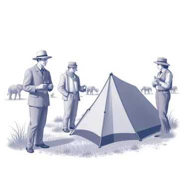 A group of explorers dressed in fashionable early 20th-century attire is engaged in an adventurous safari scene. One explorer is wearing a pith helmet and a belted khaki jacket, observing wildlife through binoculars. Another explorer, with a scarf around their neck, is setting up a tent nearby, while a third is sketching the landscape in a notebook. In the background, there are tall grasses and scattered acacia trees, with hints of wildlife, such as a silhouette of a giraffe and a group of elephants in the distance. The atmosphere conveys excitement and curiosity about the surroundings.