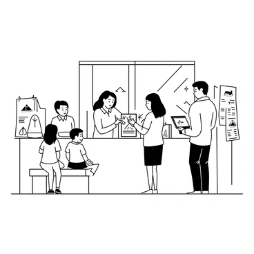 A campsite office with several families gathered around a reception desk. One family, consisting of two adults and two children, is speaking with a staff member who is standing behind the desk, holding a clipboard. The adults are pointing at a map of the campsite on the desk. Another family is sitting on a nearby bench, looking at brochures about activities available during their stay. There are camping equipment displays in the background, including tents and sleeping bags. A large window shows a view of trees and a clear sky outside.