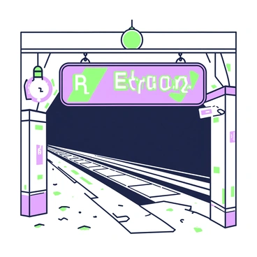 A worn-out station sign hangs above a deserted subway platform. The sign features faded letters, with a few letters barely visible, indicating the station's name. The platform is empty, with cracked tiles and scattered debris, while the walls show signs of wear and peeling paint. A single dim light bulb hangs from the ceiling, illuminating the scene with a soft glow. In the background, metal tracks stretch into darkness, hinting at the absence of trains and movement.