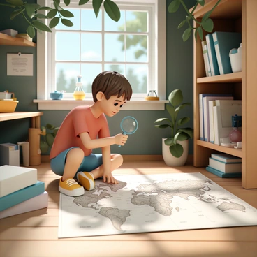 A young boy, wearing a red t-shirt, blue shorts, and yellow sneakers, is sitting on a wooden floor in a treehouse laboratory. He has short brown hair and is focused on a large, old map spread out in front of him. The boy is holding a magnifying glass in his right hand, closely examining a detailed section of the map. Sunlight filters through the leaves, casting dappled shadows around him. Various scientific tools and books are scattered around the treehouse, adding to the atmosphere of exploration and discovery.