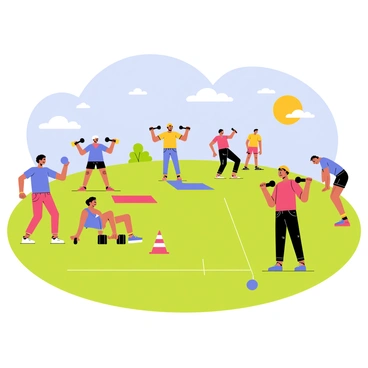 A bootcamp setting in an open green field with a clear blue sky. A diverse group of people is participating in physical training. Several individuals are doing shoulder presses with dumbbells, showcasing a mix of skin tones and body types. In the background, there are cones and exercise mats scattered around. A few others are engaging in different exercises, such as squats and jumping jacks, creating a dynamic and energetic atmosphere. The sun is shining brightly, illuminating the scene.