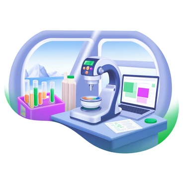 A modern pastel illustration depicting a "spectrophotometer" placed on a table inside a "remote Arctic research station." The spectrophotometer features a sleek design with a digital display and colorful buttons. Surrounding the instrument are various scientific equipment, including test tubes filled with colorful liquids, a laptop open with graphs displayed, and a stack of research papers. In the background, there are snowy windows showing a view of the Arctic landscape with icebergs and a clear blue sky. A soft, warm light illuminates the interior of the station, creating a contrast with the cold outside.