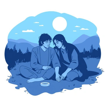 Frodo and Sam are sitting side by side on a grassy hill under a bright full moon. The moonlight casts a silvery glow over their faces, highlighting their expressions of quiet contemplation. Between them, on the ground, lies the One Ring, glimmering with a soft golden light. Sam is leaning slightly closer to Frodo, offering him comfort, while Frodo gazes at the Ring with a mix of concern and determination. The surrounding landscape is tranquil and illuminated by the moonlight, creating a serene atmosphere around the two friends.
