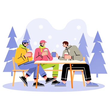 A group of three skiers sitting at a wooden outdoor table covered with a light dusting of snow. Two skiers are wearing brightly colored ski jackets, while one is in a muted gray jacket. Each skier holds a steaming mug of hot cocoa topped with whipped cream. Snow-covered pine trees are in the background, and fluffy white clouds float in the blue sky above. A few snowflakes are gently falling, adding to the wintery scene.