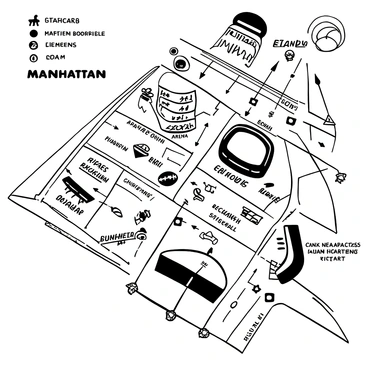 A detailed map of Manhattan showcasing various major sports venues and stadiums. Each venue is marked with a distinct icon representing its sporting activity, such as a football for a stadium or a basketball for an arena. The surrounding streets and landmarks are clearly outlined, with labels indicating the names of each sports venue. There are also directional arrows showing the layout of the city and the proximity of each venue to the others. A legend is included at the bottom to explain the different symbols used on the map.