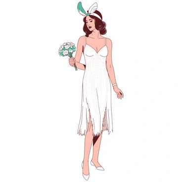 A white bride is wearing a sparkling dress that reflects the 1920s flapper style, characterized by its fringe and intricate beadwork. The dress is sleeveless and falls just above the knees, showcasing elegant legs adorned with vintage stockings. A delicate feathered headband sits atop her head, featuring white and teal feathers that add a touch of glamour. The bride's hair is styled in soft waves, framing her face beautifully, while she holds a small white bouquet of flowers, accented with teal ribbon. The setting is softly lit, enhancing the elegance of her attire.