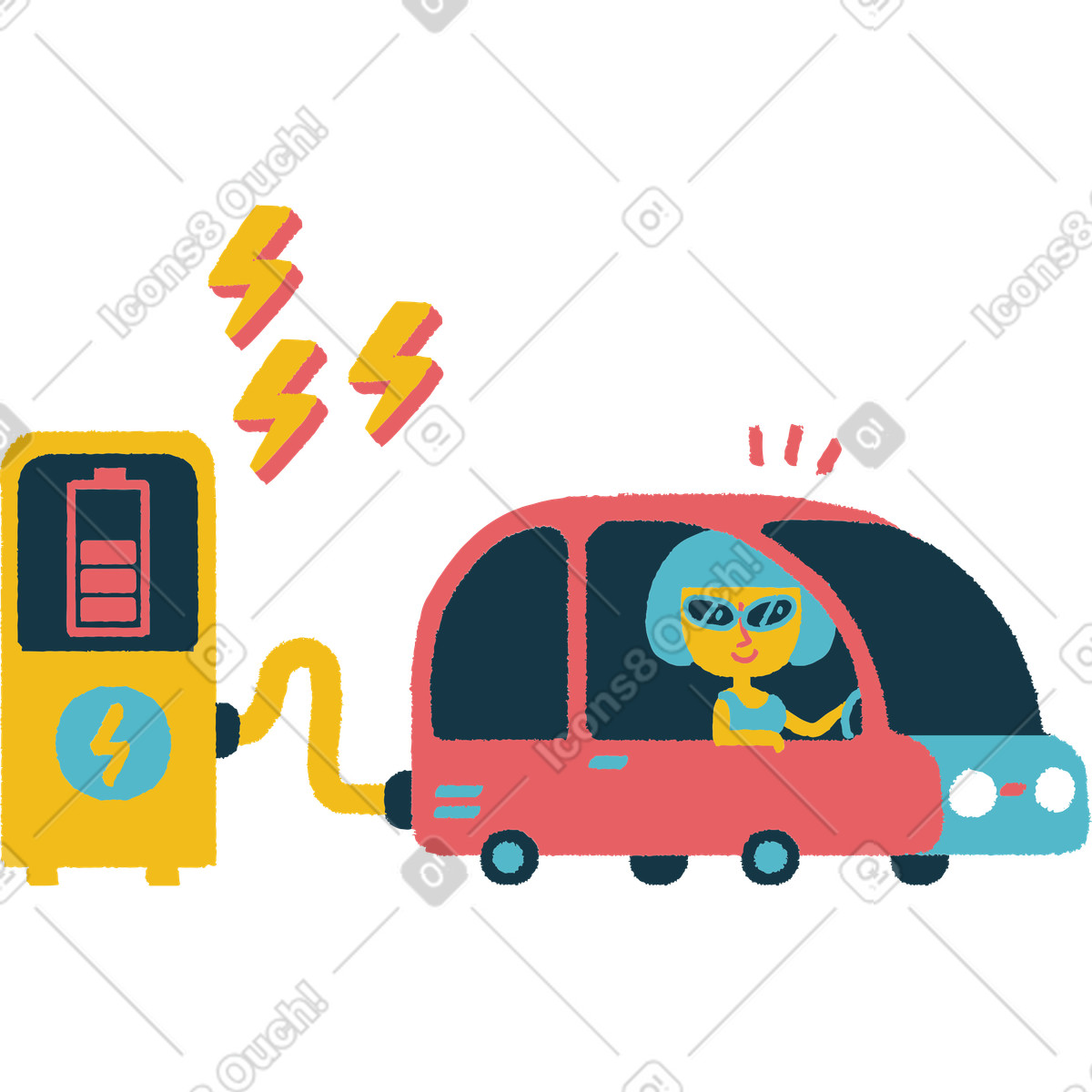 Flamenco スタイルの 車に乗っている女性が電気自動車を充電している のイラストをPNG、SVG形式でダウンロード