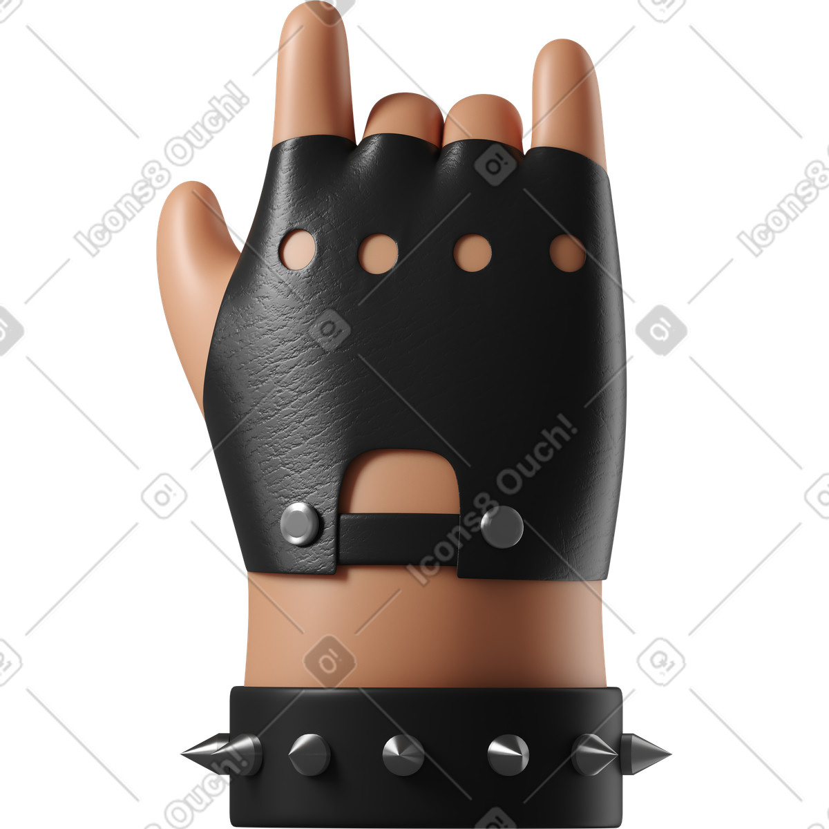 Ilustración Mano de piel curtida rockero con brazalete cuero que muestra el signo rock en estilo 3D Hands Fun&Wild a descargar en PNG y SVG