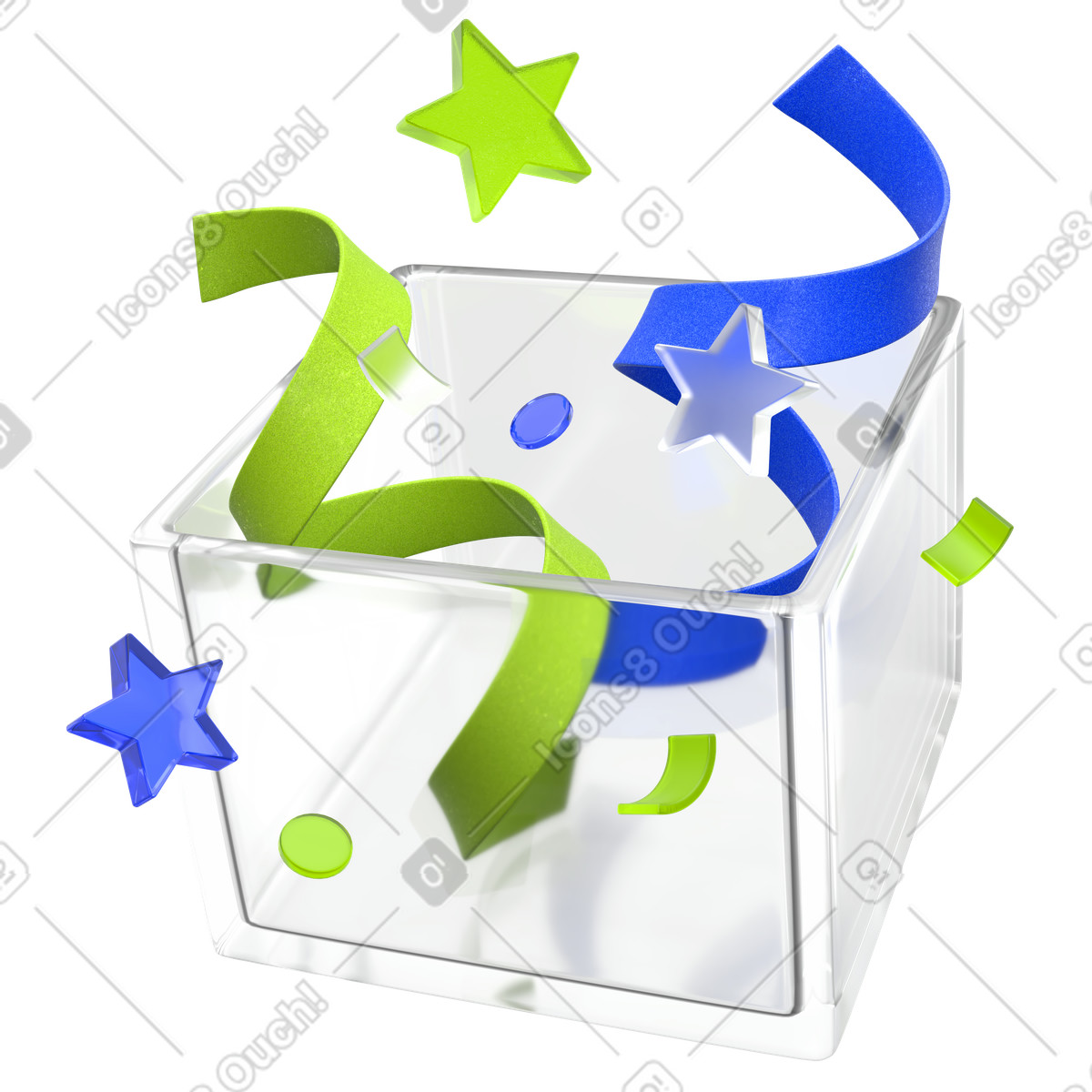 Gift box celebration, Transparent container with ribbons, Festive surprise illustration in 3D Enterprise style download in PNG, SVG