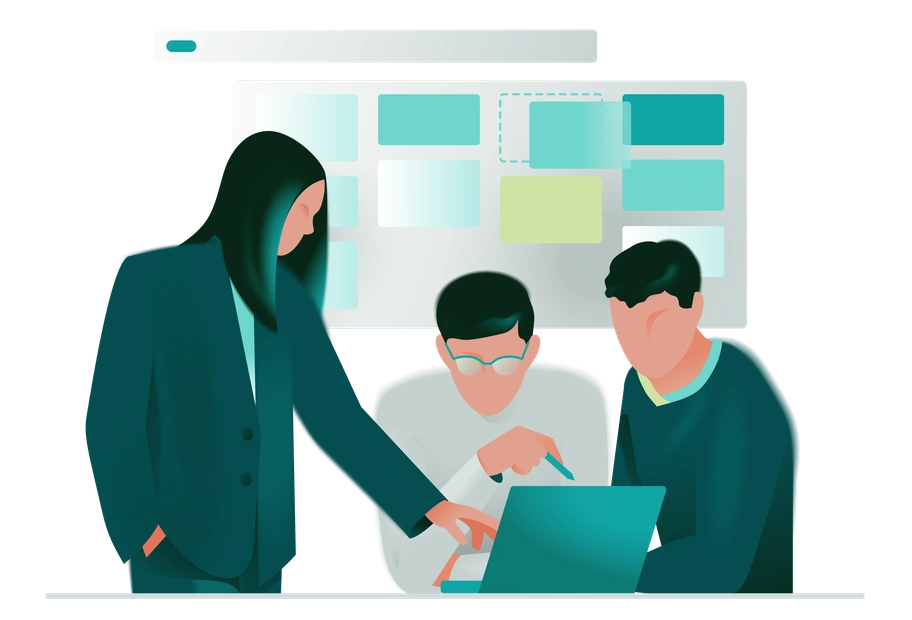 Three people collaborating over a laptop - Office style illustration