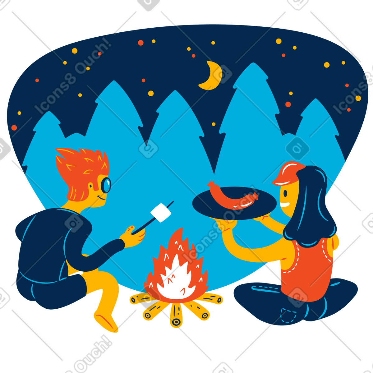 화재 재고 근처에 앉아 illustration in Flame style download in PNG, SVG