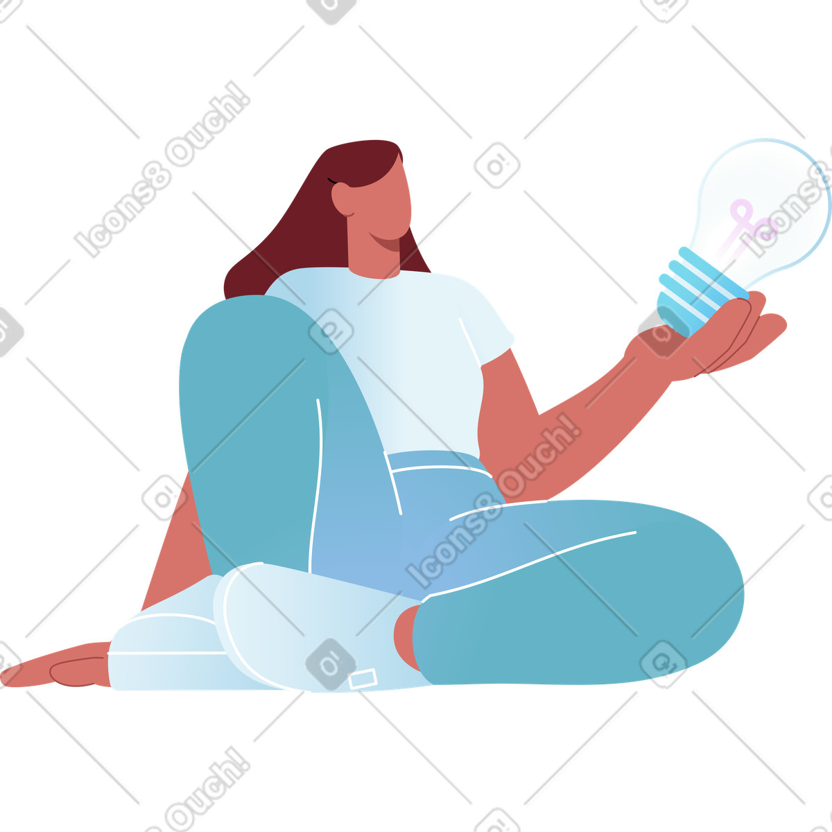 Sitting woman holding a light bulb illustration in Airy style download in PNG, SVG