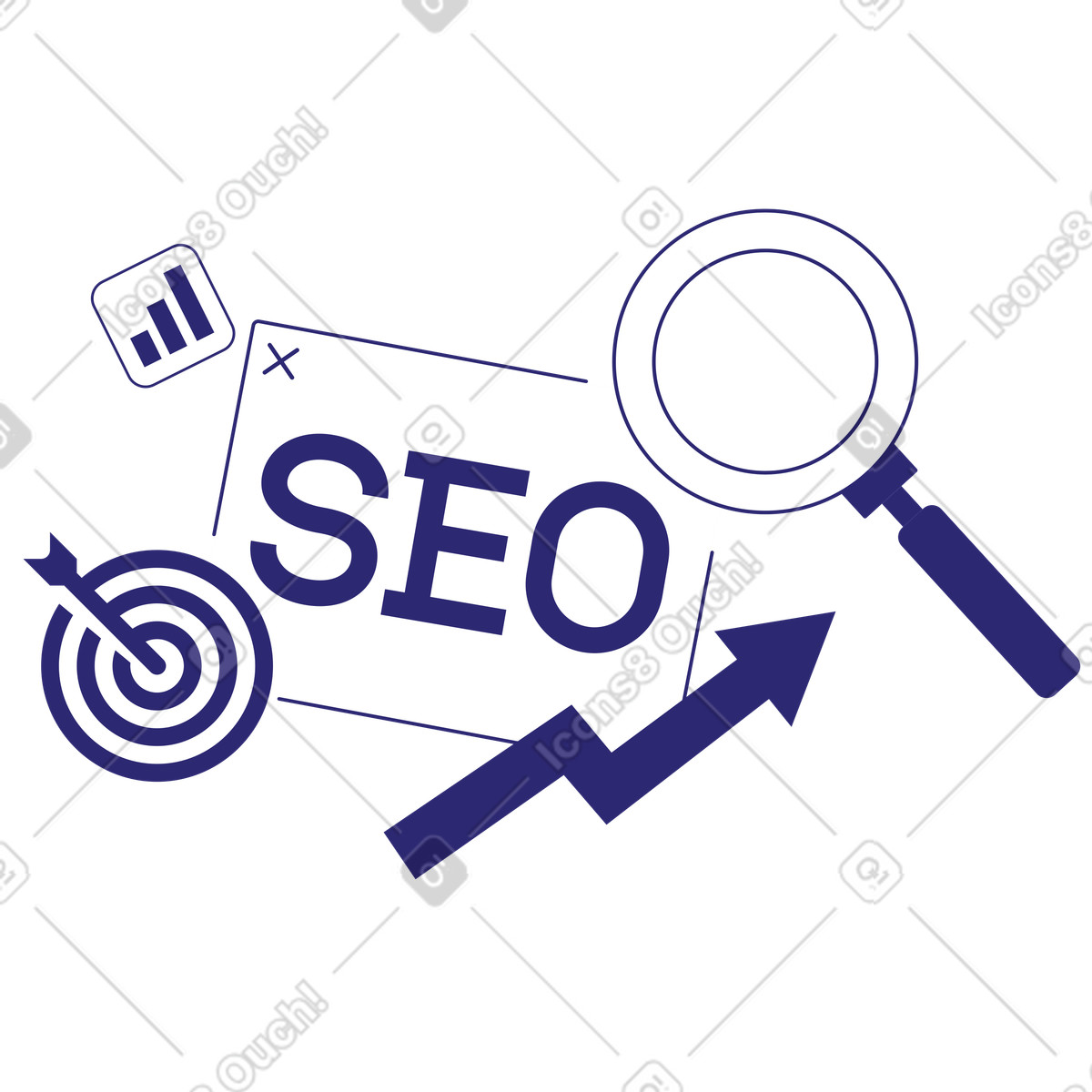 Arrow and magnifier with SEO sign, Performance tracking web strategy illustration in Cut style download in PNG, SVG