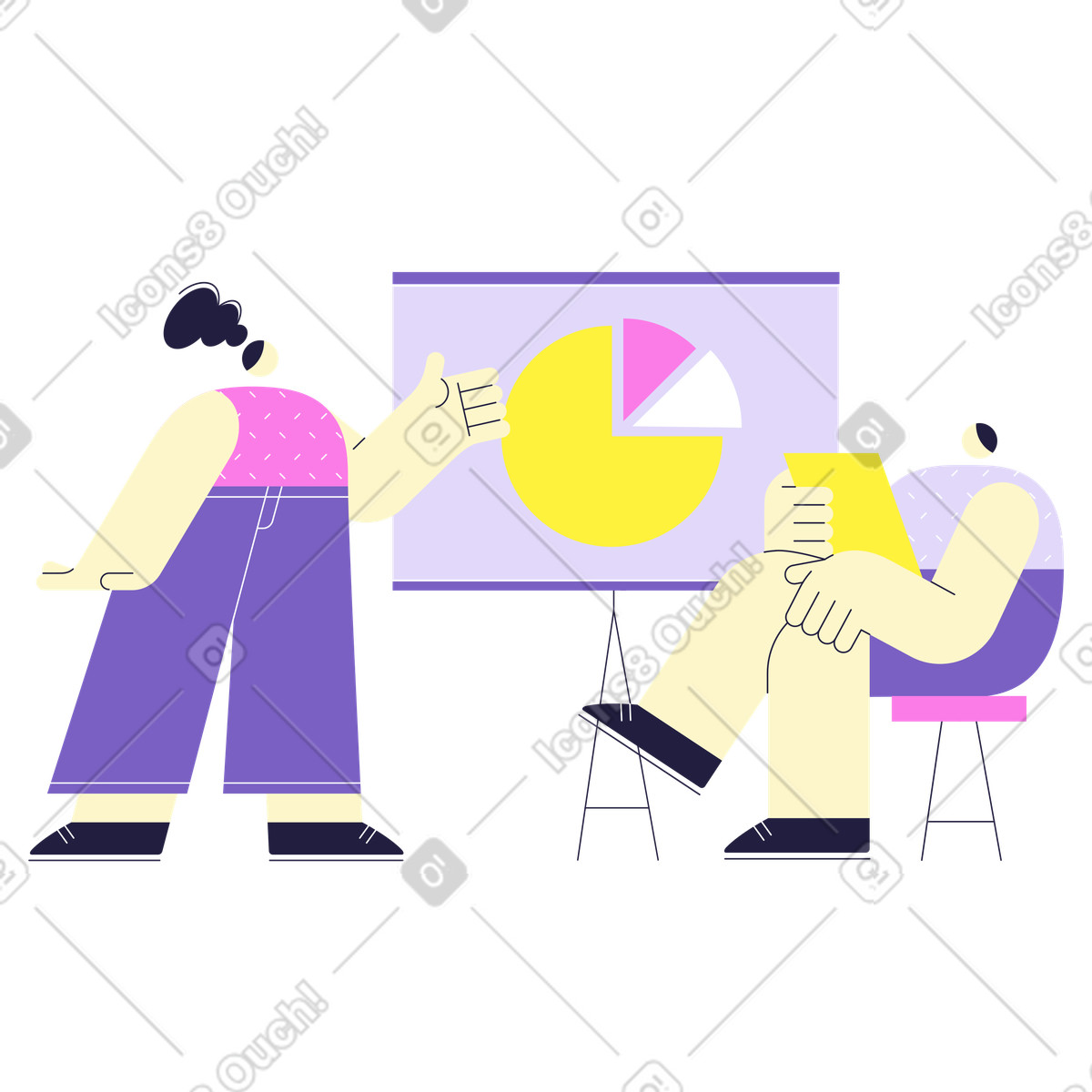 Coworkers discussing pie chart on projector screen illustration in Mellow style download in PNG, SVG