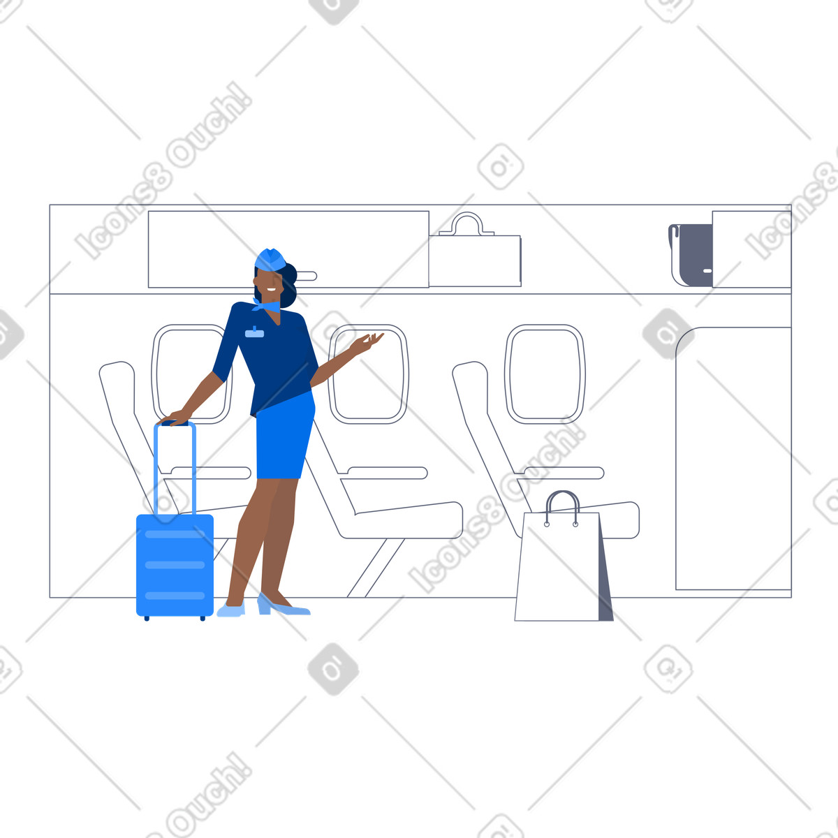 Flight attendant greeting in airplane cabin, Air travel onboarding illustrazione stile Urban scarica PNG, SVG