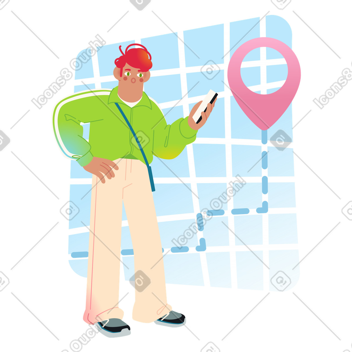 Fizzy 스타일의 Traveler checking map app on phone, Travel navigation and city exploration 일러스트레이션 PNG, SVG 다운로드