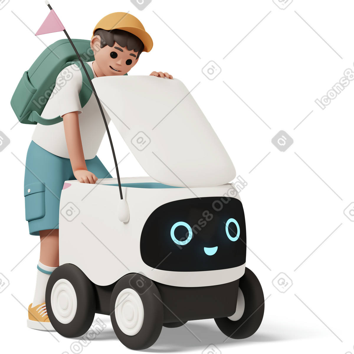 3D Casual life 스타일의 School boy with delivery robot 일러스트레이션 PNG, SVG 다운로드