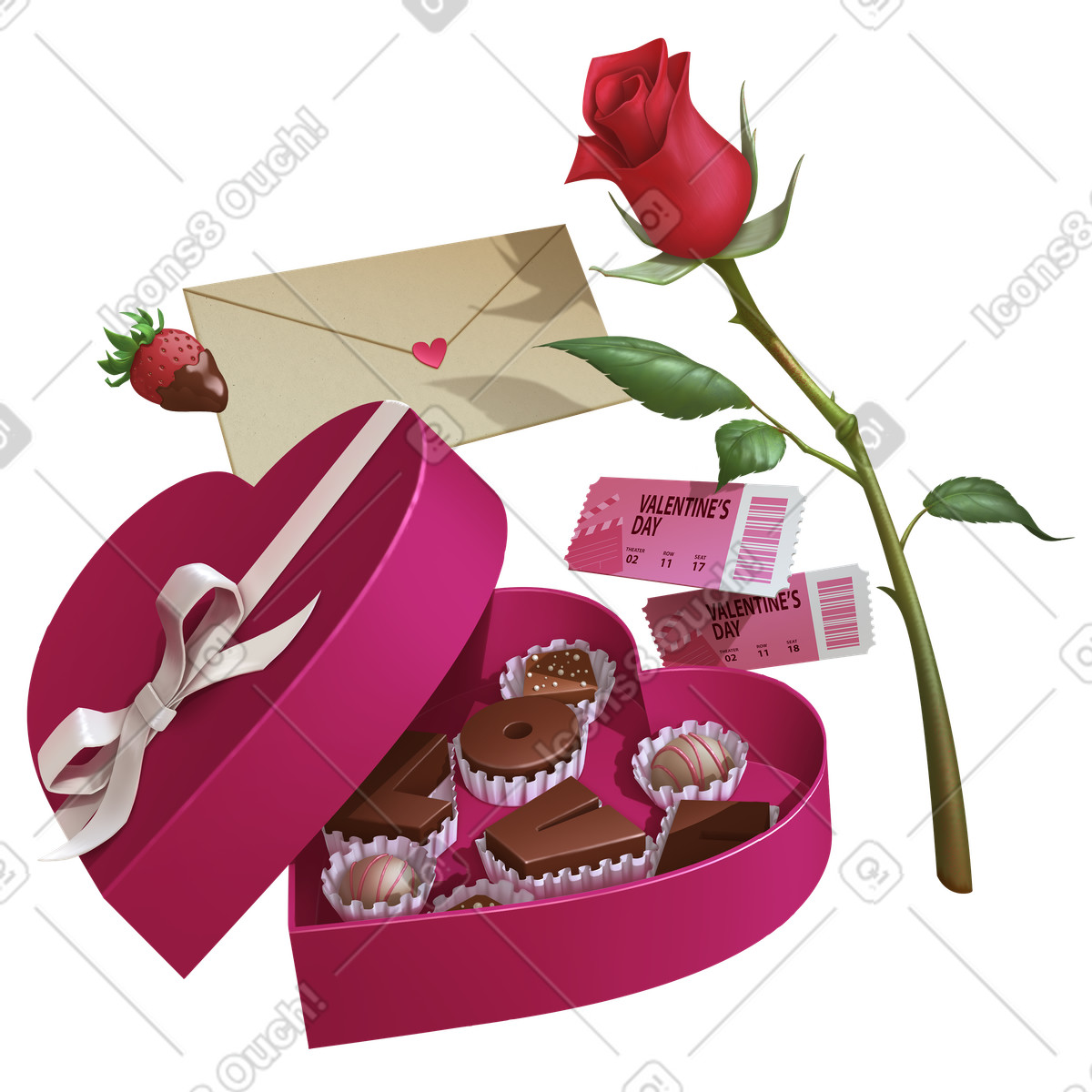 Geschenke zum valentinstag: schachtel pralinen, rose und brief-Illustration im Props-Stil als Download in PNG, SVG