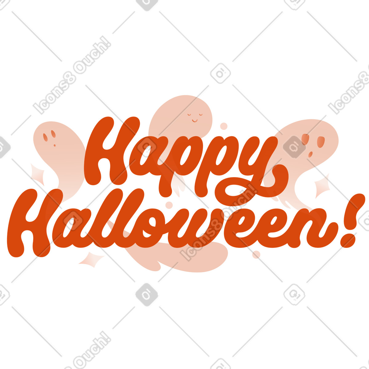 Orange スタイルの Happy Halloween text with stars and cute ghosts, Festive party invitation のイラストをPNG、SVG形式でダウンロード