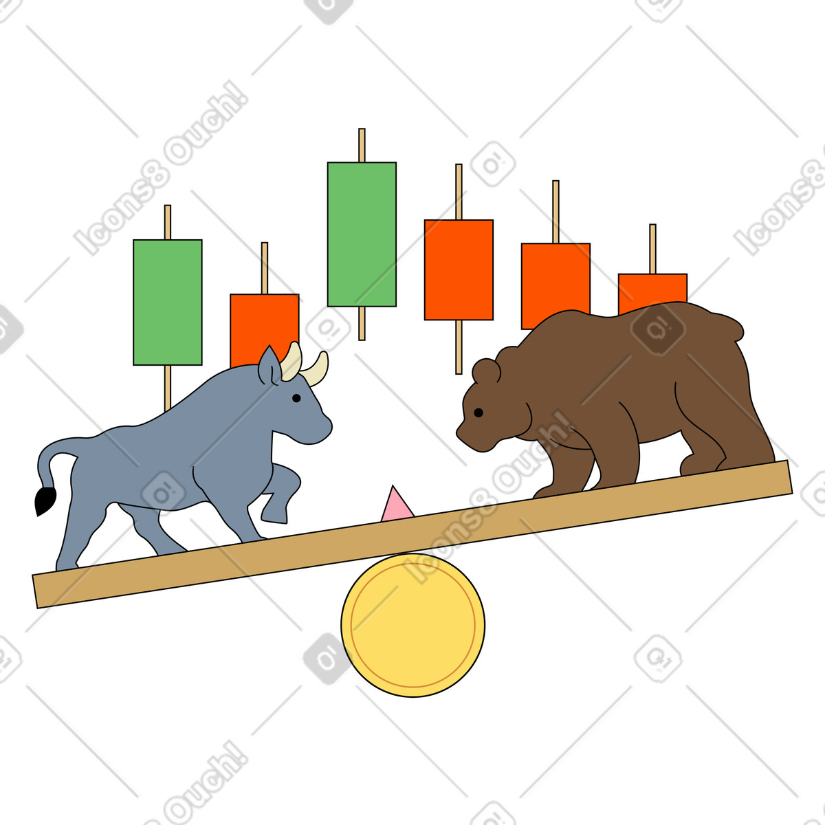 Lotta tra tori e orsi con il grafico a candele del mercato illustrazione in stile Kindy scarica in PNG, SVG