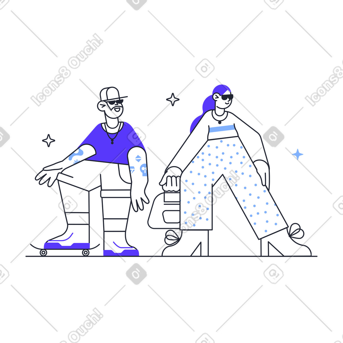 Ilustración People in trendy streetwear and sunglasses, Youth lifestyle street style en estilo Pablita a descargar en PNG y SVG