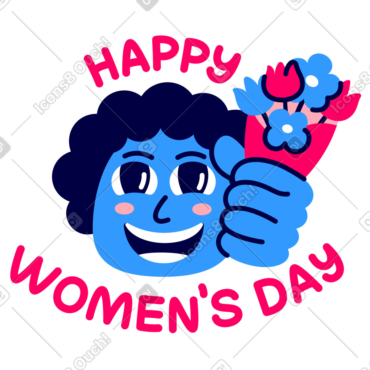 下载 Rondy Stickers 风格的 刻字妇女节快乐！和一个送花的人 插画，支持 PNG、SVG 格式