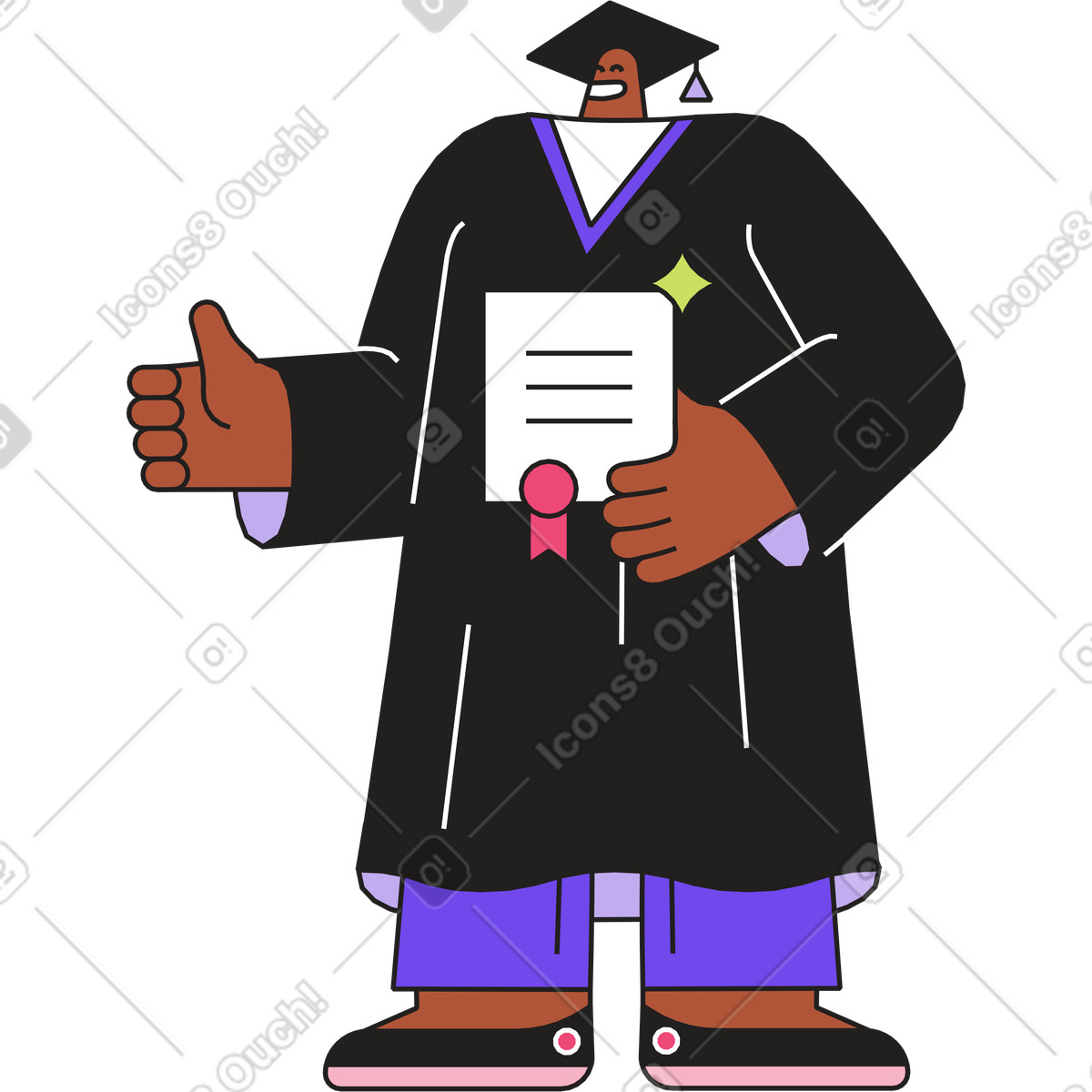 Graduate in robes holding diploma smiling academic success clipart illustration