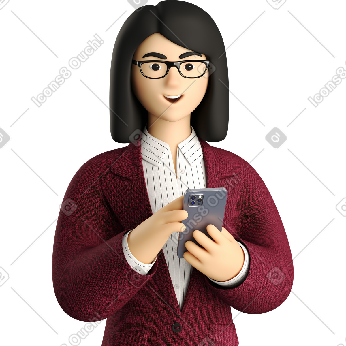 Illustration Businesswoman in red suit with phone looking straight dans le style 3D Business à télécharger aux formats PNG, SVG
