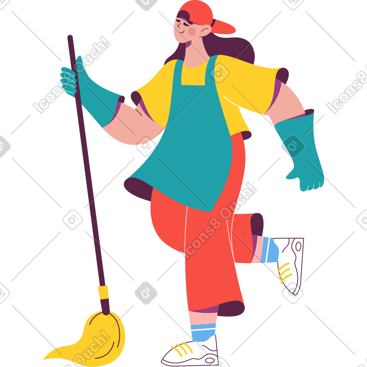 Woman with a broom in an apron and gloves illustration Sammy style download PNG, SVG