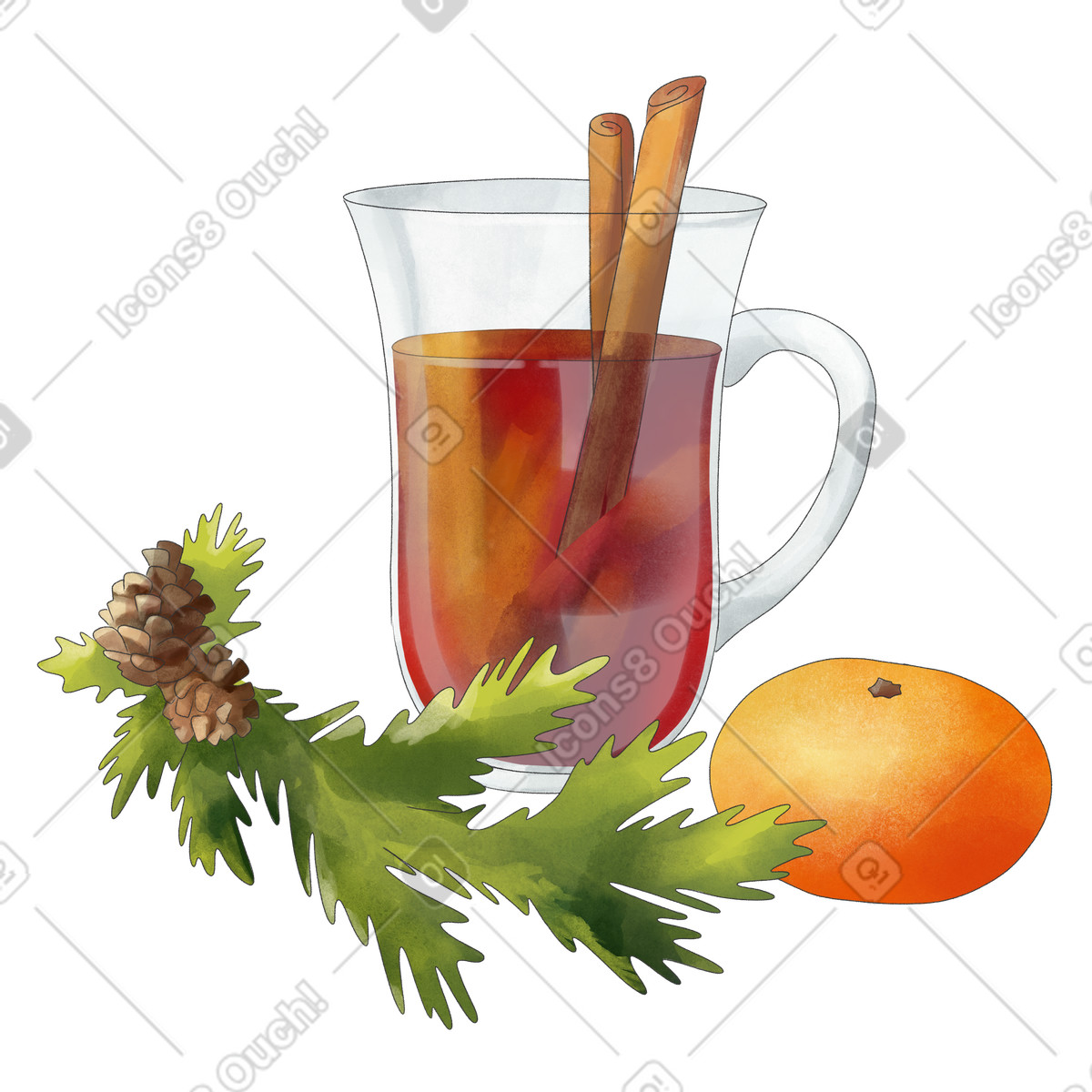 Weihnachtlicher gl&uuml;hwein mit fichtenzweig und mandarine-Illustration im Seasons-Stil als Download in PNG, SVG