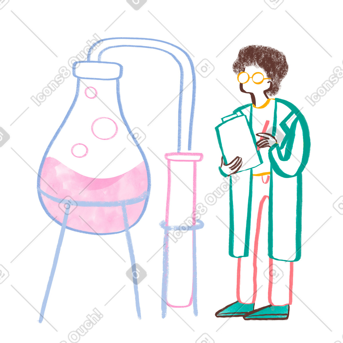 Scientist looking at chemical experiment-Illustration im Company-Stil als Download in PNG, SVG