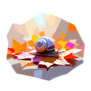 A small snail with a glossy shell is slowly crawling across a ground covered in colorful autumn leaves. The leaves are various shades of red, orange, and yellow, creating a vibrant backdrop. The snail leaves a glistening trail of moisture behind it as it moves. Sunlight filters through nearby trees, casting dappled shadows on the leaf-strewn ground, highlighting the intricate details of the snail's shell and the textures of the leaves.