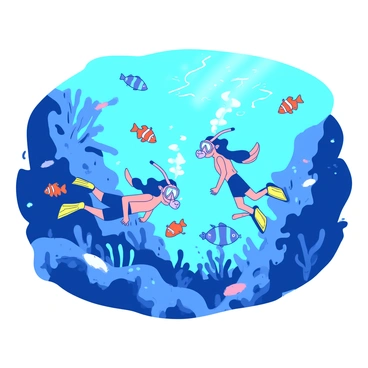 A blue underwater scene showcases snorkelers in bright gear, gliding through the water. Two snorkelers are positioned in the foreground, wearing yellow fins and masks, with snorkels bubbling gently. Around them, an array of colorful fish, including vibrant orange clownfish and striking blue tangs, swim gracefully among the coral. Sunlight filters down from the surface, creating a shimmering effect and highlighting the marine life. The background features various coral formations in different shapes and sizes, enhancing the lively underwater atmosphere.
