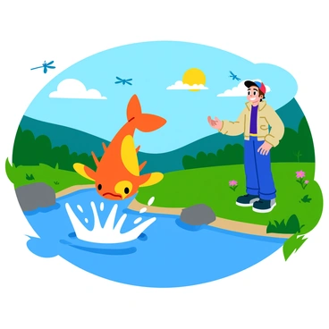 A trainer with a bright smile is joyfully catching a splashing "Magikarp" by the riverbank. The trainer is wearing a colorful cap and a light jacket, with one hand extended towards the water. The "Magikarp" is mid-jump, its scales shimmering with orange and gold hues. The river is flowing gently, surrounded by lush green grass and a few wildflowers. The sun is shining brightly in a clear blue sky, casting soft shadows on the ground. Nearby, there are a couple of small rocks and a few dragonflies buzzing around.