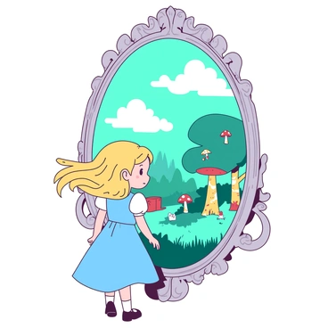 A young girl named Alice with long blonde hair is stepping through a large, ornate mirror with a silver frame. The mirror reflects a vibrant scene of a reversed world filled with whimsical elements. On the other side, there is a teal landscape with oversized, colorful mushrooms and trees with swirling branches. In the sky, there are fluffy white clouds shaped like various animals. Alice is wearing a blue dress with white accents, and her expression shows curiosity and wonder as she steps into this magical realm. The air around her seems to shimmer with a hint of enchantment.