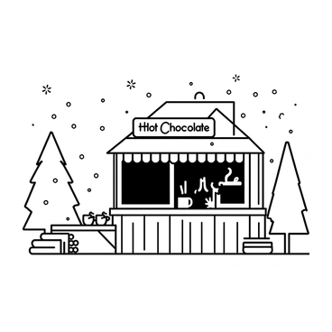 A cozy hot chocolate kiosk made of wood, featuring a sloped roof and large windows. The kiosk has a sign above it that reads "Hot Chocolate" in decorative lettering. Snowflakes are gently falling around the scene, landing on the kiosk and surrounding ground. A small table with steaming mugs of hot chocolate sits outside the kiosk, alongside a stack of blankets. In the background, snow-covered trees and twinkling lights add to the winter atmosphere.